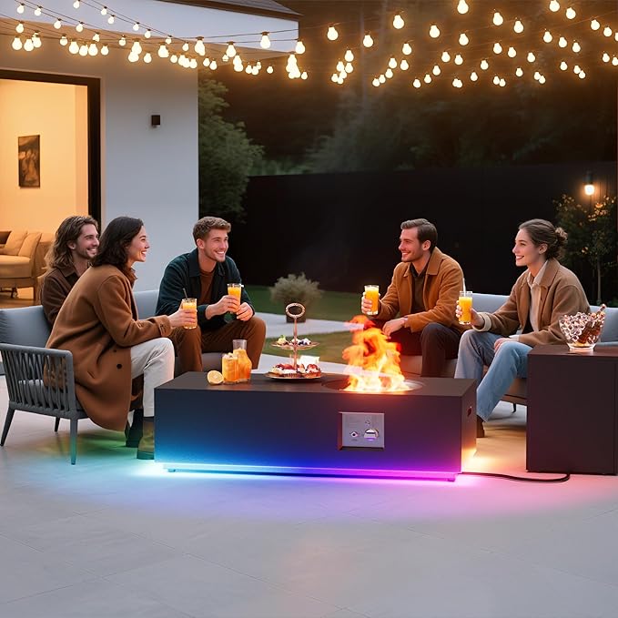 Dineli 2-Piece Outdoor Propane Fire Pit Table Set w Tank Table 48'' Rectangular Firepit Gas Fire Pits for Outside Patio Tabletop Fire Pits w LED, 50,000 BTU (Black with RGB Light)