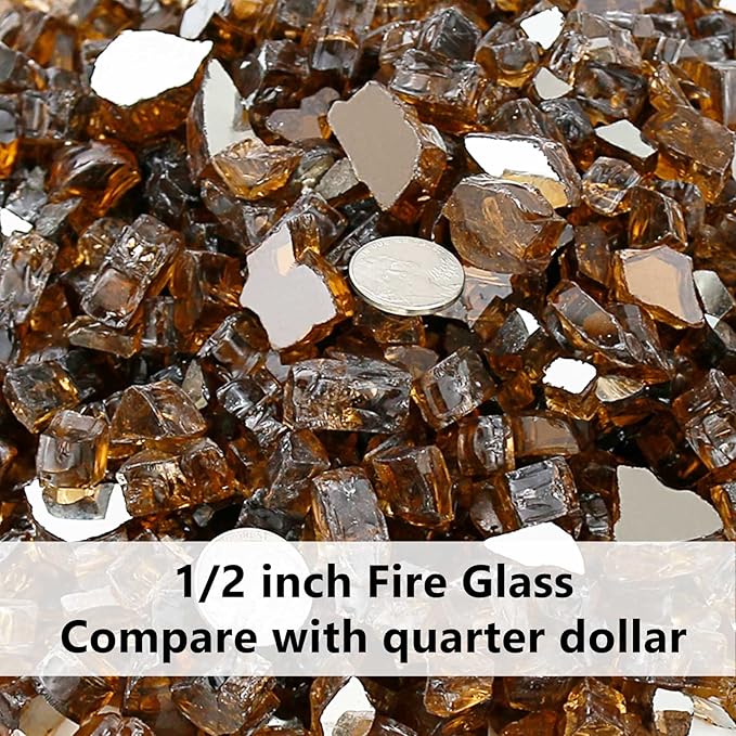 Grisun Copper Fire Glass for Fire Pit - 1/2 Inch High Luster Reflective Tempered Glass Rocks for Natural or Propane Fireplace, 10 Pounds Safe for Outdoors and Indoors Firepit Glass