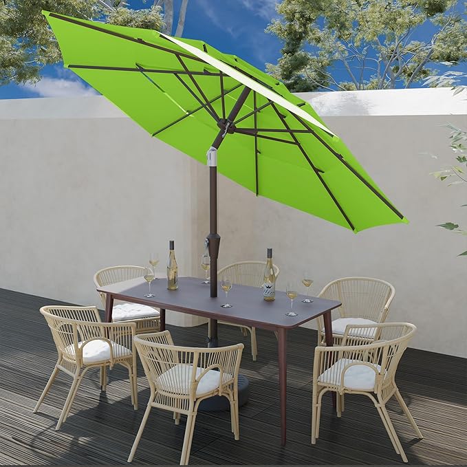9FT 3 Tiers Patio Umbrella With Auto Tilt And Crank, Outdoor Table Market Umbrella with 8 Sturdy Ribs for Garden, Lawn, Deck, Backyard and Pool