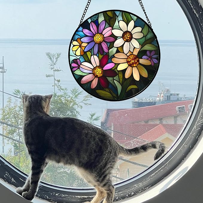 CRISGIF Stained Glass Window Hanging - Colorful Daisies Suncatcher for Door Garden Patio Retro Flower Sun Catchers Decor Christmas Mother's Day Birthday Gifts for Women Mom Nana Aunt Friend 11.8 in
