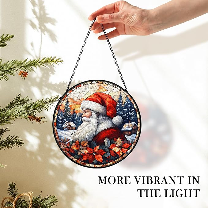 cvjutf Christmas Santa Suncatcher Stained Glass Window Hanging Decor, Farmhouse Winter Xmas Santa Stained Glass Wall Decor, Christmas Garden Sun Catchers Indoor Window Hanging Wall Art Lawn, 7.9x7.9In
