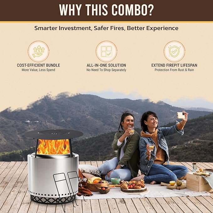 FEBTECH Spark Screen, Heat Deflector, Firepit Lid, Trolley Stand and Base Ring Combo - Compatible with Solostove Bonfire and Other 19.5" Fire Pit - 5 in 1 Firepit Accessories for Patio, Bonfire, Deck