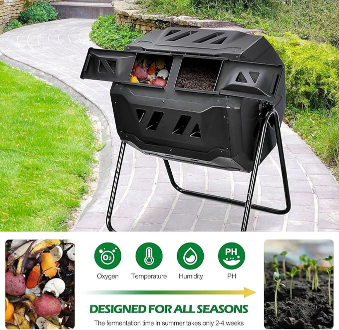 Large Composting Tumbler Dual Chamber Outdoor Garden Rotating Compost Bin Tumbling Composter with Sliding Door (43 Gallon, Black)