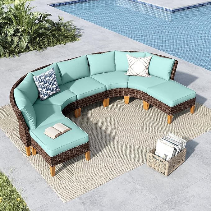 MFSTUDIO 7 Pieces Extra Large Wicker Patio Furniture Set, All-Weather Rattan Outdoor Conversation Half-Moon Patio Sectional Sofa Set, 4 x Curved Sofa, 1 x Armless Sofa, 2 x Ottomans(Aqua Blue Cushion)