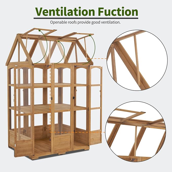 MCombo Wooden Greenhouse, Outdoor Greenhouse with Adjustable Roof Vent and 6 Lockable Door for Backyard/Outdoor Use, (48 x 38.8 x 83.9 Inches) 0851 (Natural)