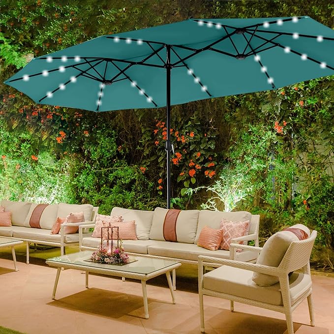 Sophia & William 15 ft Extra Large Patio Umbrella with Solar Lights, Rectangular Outdoor Umbrella with Base Included, Market Umbrella Double-sided Heavy Duty for Pool Garden Backyard, Turquoise