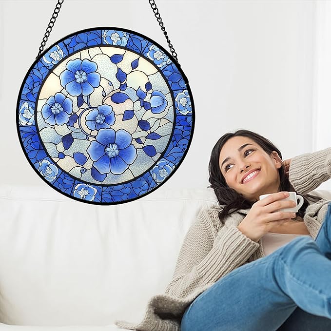 AMDERVEN Stained Glass Window Hanging, Blue and White Plum Blossom Sun Catcher for Door Home Decor Flowers Suncatcher Christmas Mother's Day Birthday Gifts for Women Men Mom and Nana 9.8 in