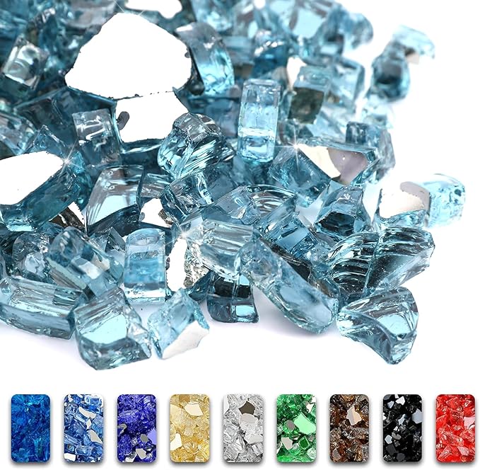 GRISUN Aqua Blue Fire Glass for Fire Pit , 1/2 Inch High Luster Reflective Tempered Glass Rocks for Natural or Propane Fireplace, Safe for Outdoors and Indoors Firepit Glass, 10 Pounds