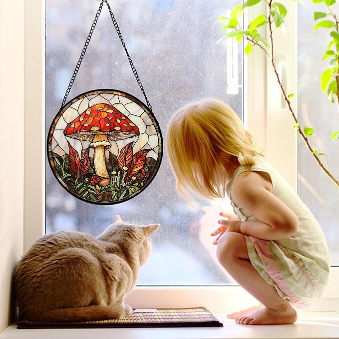 DASTOLL Stained Glass Window Hanging, Big Red Mushroom Suncatcher for Doors Home Sun Catchers Decoration and Christmas, Mother's Day Birthday Gifts for Women, Men, and Mom 11.8x11.8 in