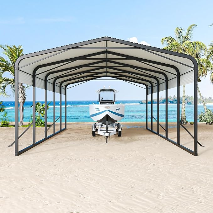 Unovivy 15x25 FT Metal Carport, Large Outdoor Heavy Duty Carport with Galvanized Steel Roof and 4 Support Feet, Spacious Vehicle Shelter for Cars, Boats, RVs, and Outdoor Equipment