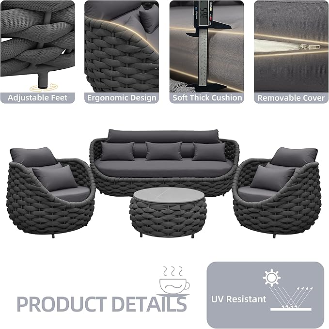 TWT 6-Piece Aluminum Patio Furniture Set, Modern Outdoor Conversation Set Sectional Sofa with Water Repellent Thick Cushions and Coffee Table for Balcony, Garden