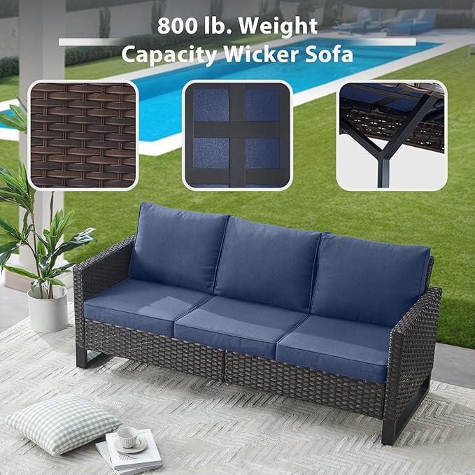 7 Piece Wicker Patio Furniture with Fire Pit Table - Outdoor Conversation Set with 50,000 BTU Fire Pit, All Weather Rattan Patio Set for Deck Backyard Garden - Brown Wicker Blue Cushion