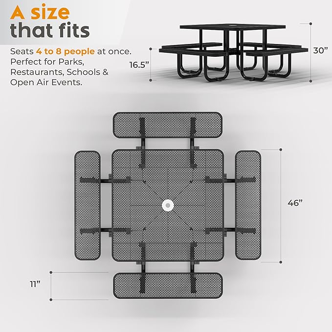 Metal Picnic Tables for Outdoors with Umbrella Hole - Coated Steel Heavy Duty Commercial Grade Furniture with Adjustable Seats (Black, 46 in, Square, Punched Steel)