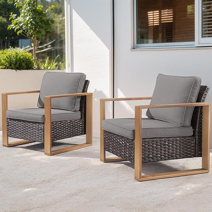 Belord Patio Wicker Chairs Set of 2-350 LBS Weight Capacity Wicker Outdoor Club Chair Set with Metal Wide Armrests for Porch Deck Sunroom Backyard