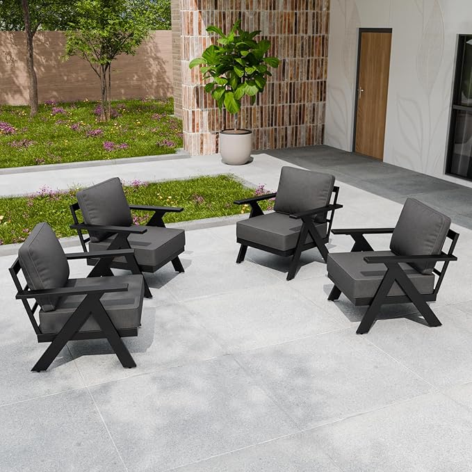 Urban Anvil 4 Pieces Patio Furniture Outdoor Metal Armchairs, All-Weather Patio Accent Chairs with Cushions for Balcony, Porch, Deck, Black/Gray