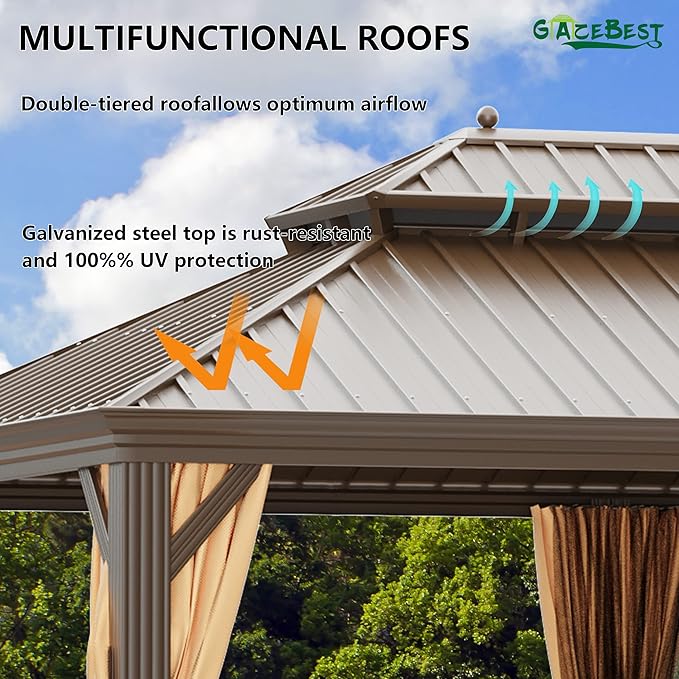 GAZEBEST 12' X 20' Hardtop Gazebo, Outdoor Galvanized Steel Double Roof Permanent Aluminum Frame Pavilion Pergola Canopy with Privacy Curtains for Garden, Patio, Backyard, Deck and Lawns.