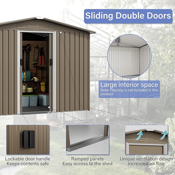 Kurapika Outdoor Storage Shed, 8x6FT Large Metal Tool House with Opening and Lockable Door, for Garden, Patio, Backyard, Lawn