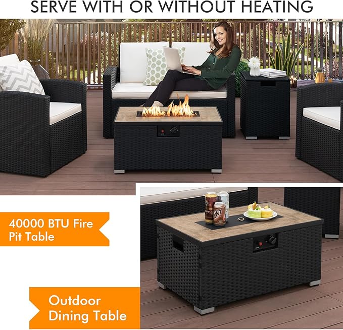Tangkula 2 Piece Outdoor Propane Fire Pit Table Set with Hideaway Propane Tank Holder, 40,000 BTU Rattan Wicker Fire Pit Table with Lava Rocks, Waterproof Cover, Ideal for Backyard, Patio (Black)