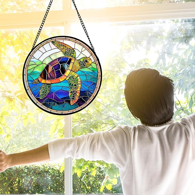 DASTOLL Stained Glass Window Hanging, Colored Turtle Ocean Suncatcher Diamond Glass Panel Hangings Marine Life Sun Catchers Decor for Birthday for Women, Men, Wife, Aunt, Mom 15x15 in