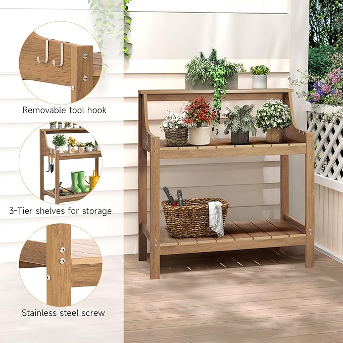 ONBRILL Potting Bench Table, HDPS Potting Bench with 4 Side Hooks, All-Weather Garden Table Work Station, Outdoor Potting Table for Porch, No Rust, No Fade, No Break, 360lbs Capacity (Teak, Large)