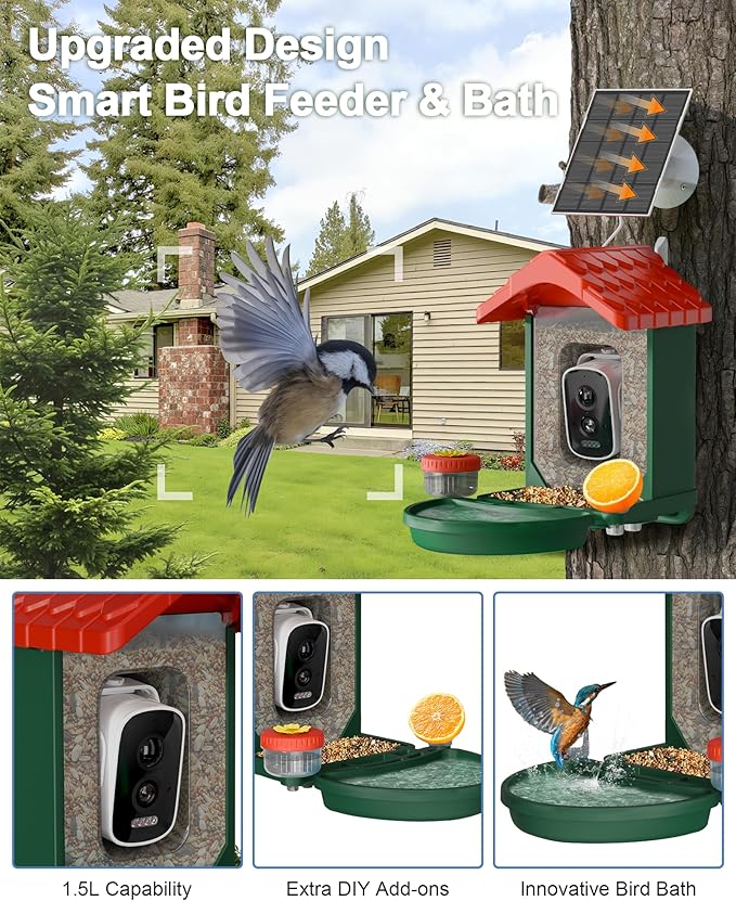 2-in-1 Smart Wild Bird Feeder & Bath with 4K HD Camera, AI Identification Solar Bird Feeder Watching Camera Night Vision for Outdoor Birds Watching Gifts for Birdlover, Red & Green