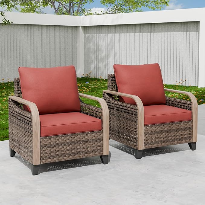 EAGLE PEAK Modern Wicker Outdoor Chair, Patio Chair Curved Armrest, Rattan Patio Furniture for Yard Deck Porch Garden, 2 Chairs, Brown/Red