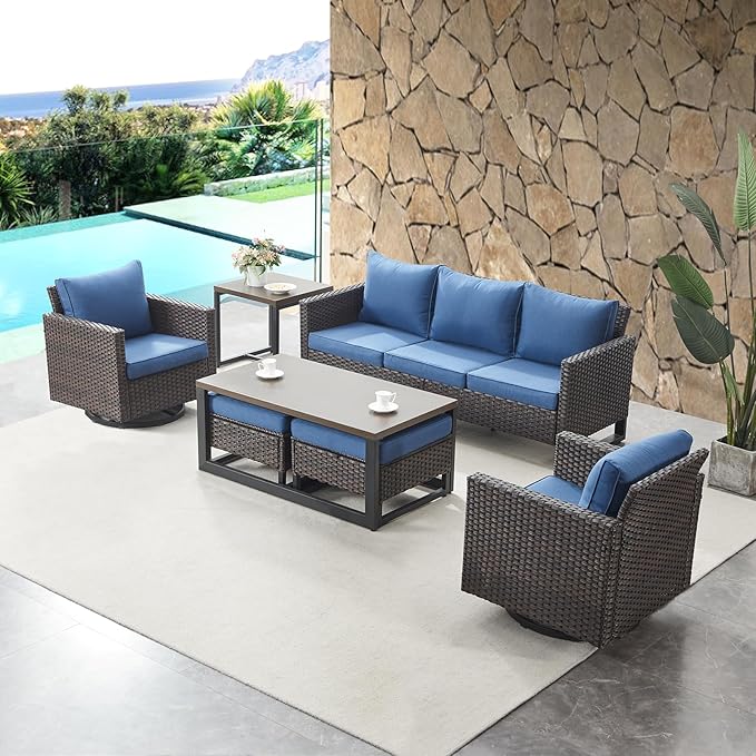HUMMUH 3-Piece Patio Swivel Chairs,PE Wicker Outdoor Rocking Chairs Bistro Set with Side Table Porch Balcony Furniture with Cushions