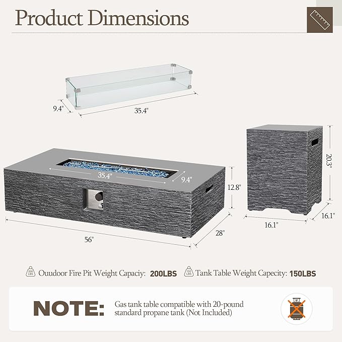 UPHA 56-inch Outdoor Propane Gas Fire Pit Table 50000 BTU Concrete Rectangle FirePit for Outside Patio with Propane Tank Cover, Wind Guad, Blue Glass Rocks, Rain Cover, Grey Horizontal Stripe