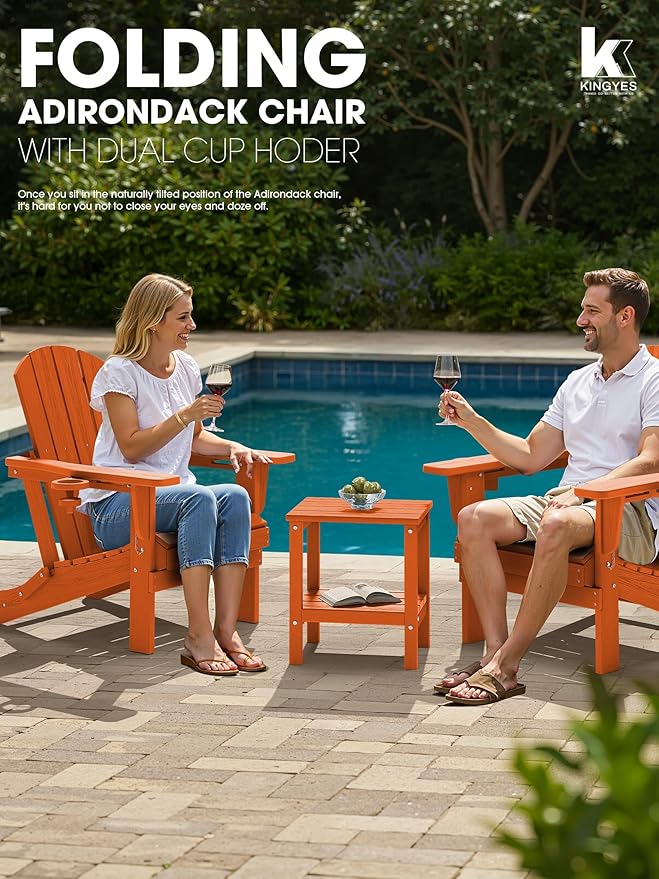 KINGYES Folding Adirondack Chair Set of 4, Dual Cup Holders & All-Weather HDPE, Wood-Like Patio Chair for Backyard, Camping, Pool & Fire Pit, Orange