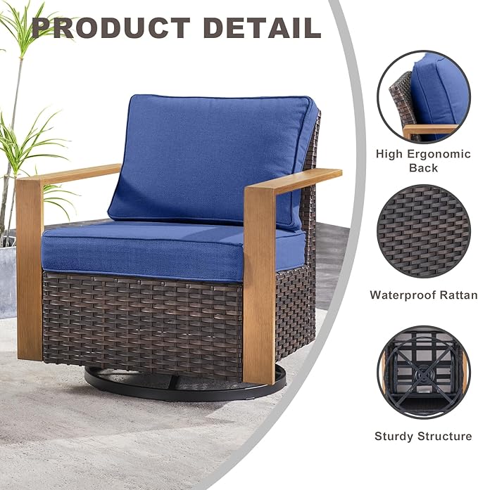 Rilyson Outdoor Wicker Patio Furniture Set - 5 Piece Patio Conversation Set with 2 Wicker Swivel Rocker Chairs,2 Ottoman, 1 Side Table, Thick Cushions, Deep Seating, Wide Armrest(Brown/Blue)
