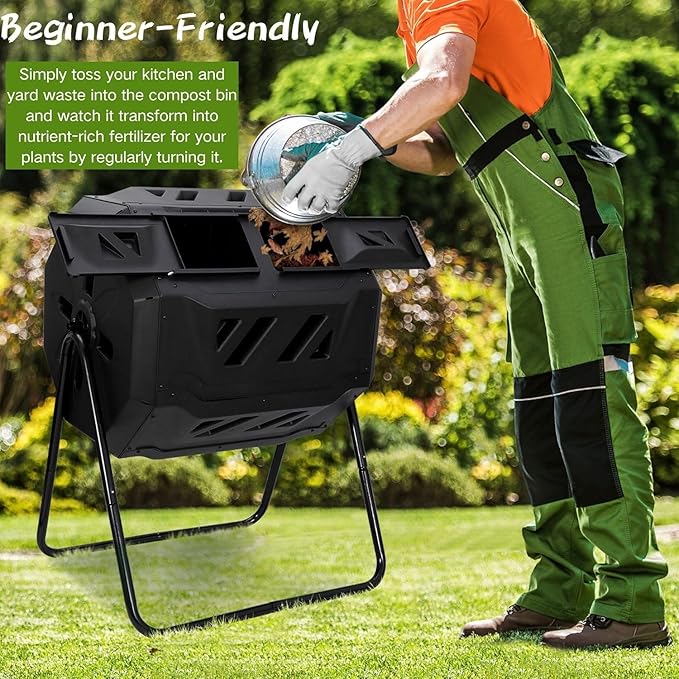 Saicool 43 Gallon Large Composting Tumbler Dual Chamber Outdoor Garden Rotating Compost Bin Tumbling Composter with Sliding Door,Black
