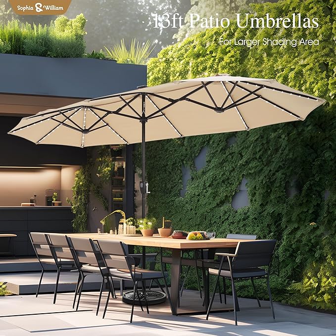 Sophia & William 13ft Outdoor Patio Umbrella with Solar Lights, Large Double-sided Umbrella with LED Lights, Perfect for Garden, Deck, Pool, Beige