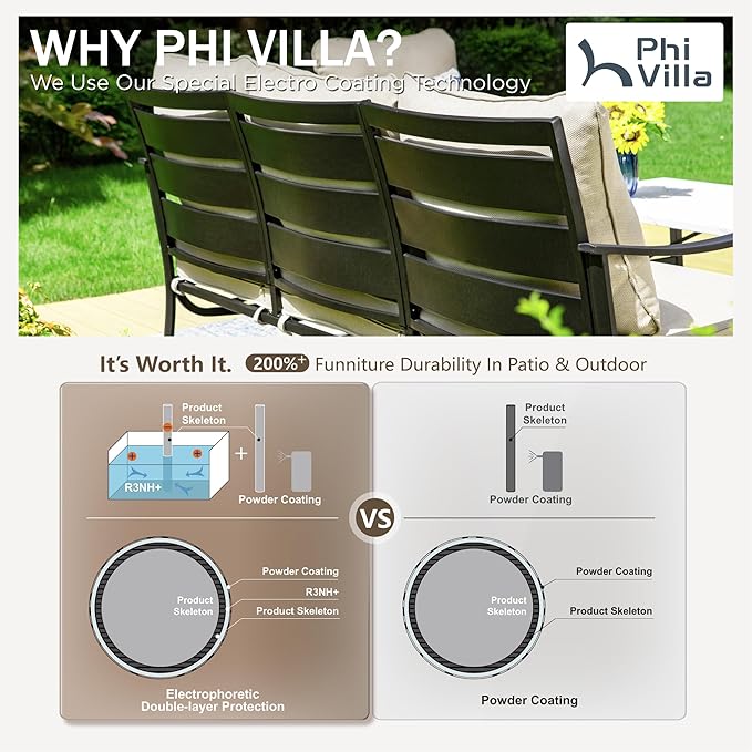 PHI VILLA 5 Piece Patio Furniture Set with 28" Firepit Table, 4 Outdoor 5.75" Cushioned Metal Frame C-Base Sofa Chairs & 28" Gas Firepit Table, Outside Furniture Set for Lawn Garden