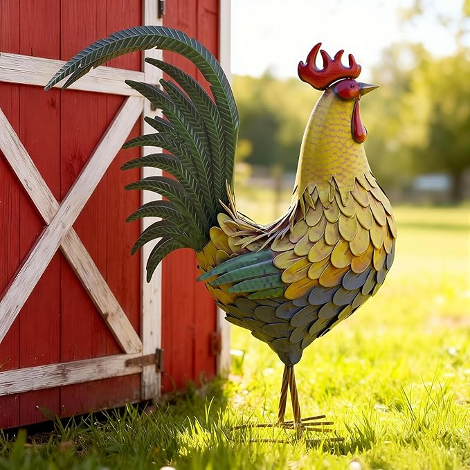 Ultym 32" Metal Rooster Decor, Large Outdoor Garden Statues, Metal Chicken Sculpture for Backyard Patio Kitchen Decor