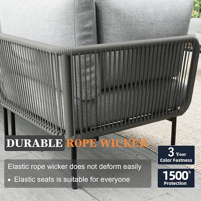 7 Piece Modern Outdoor Rope Wicker Sectional Patio L-Shaped Conversation Sofa Set Deep Seating with Fire Pit Table