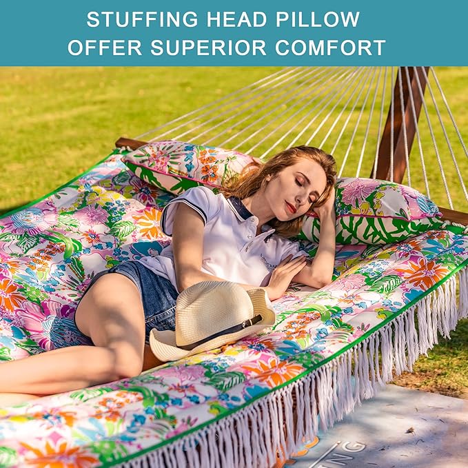 Lazy Daze Hammocks 12 FT Double Quilted Fabric Hammock with Extra Large Soft Pillow and Carrying Bag, 2 Person Outdoor Hammock with Spread Bar and Elegant Tassels, Heavy Duty 450 lbs Capacity, Floral