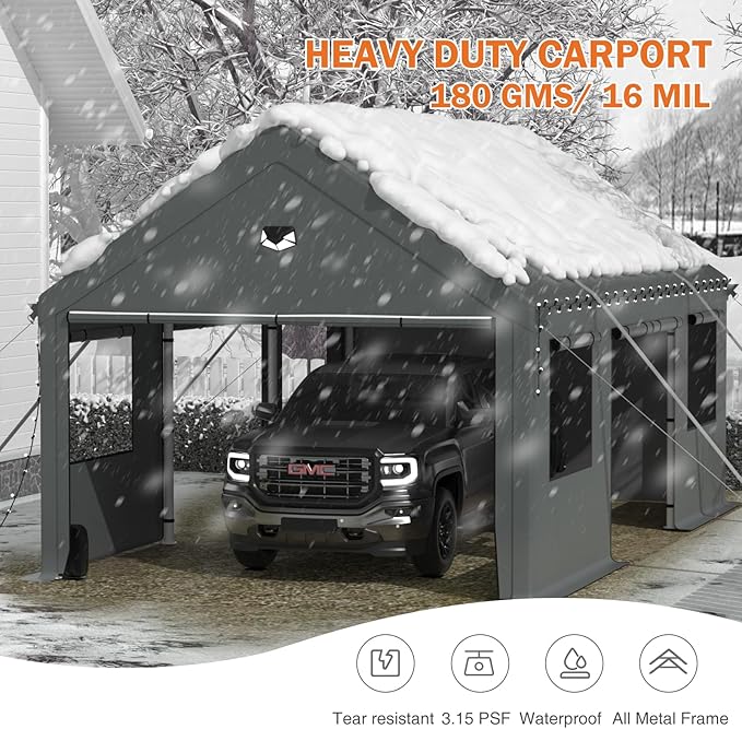 Carports 20X20 Heavy Duty，2 Car Carports with Side Doors，Portable Car Port Garage All Weather，Extra Large Outdoor Carport Canopy，Grey
