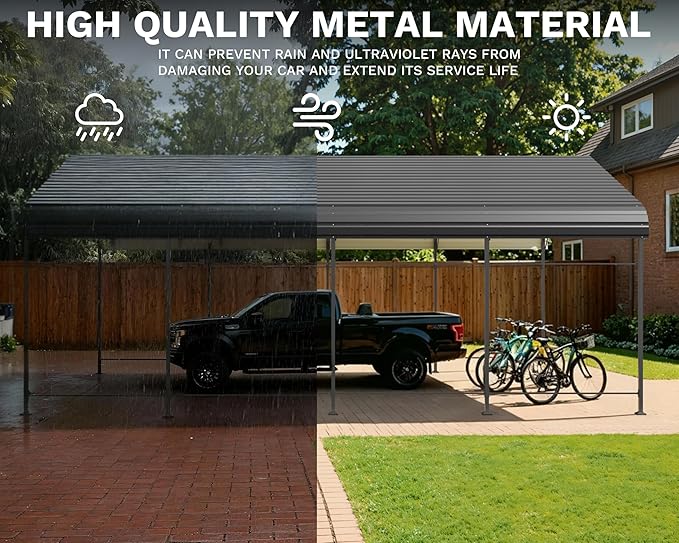 Greesum 12x20FT Metal Carport with Heavy Duty Frame and Galvanized Steel Roof, Round Carports with Side Support Rods, Canopy Shelter for Car, Pickup Trucks, Boats and Tractors, Party, Gray