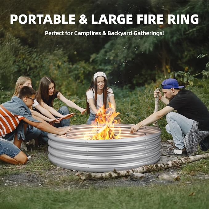 60 Inch Fire Pit Ring for Outside, 5FT Diameter Wood Burning Fire Ring, Large Round Galvanized Steel Fire Pit, Metal Outdoor Fireplace for Backyard, Patio, Camping, Bonfire (Silver)
