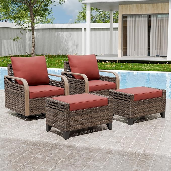 EAGLE PEAK Modern Wicker Outdoor Glider Rocking Chair, Swivel Rocker, Rattan Patio Furniture for Yard Deck Porch Garden, 2 Chairs 2 Ottomans, 4 Piece, Brown/Red