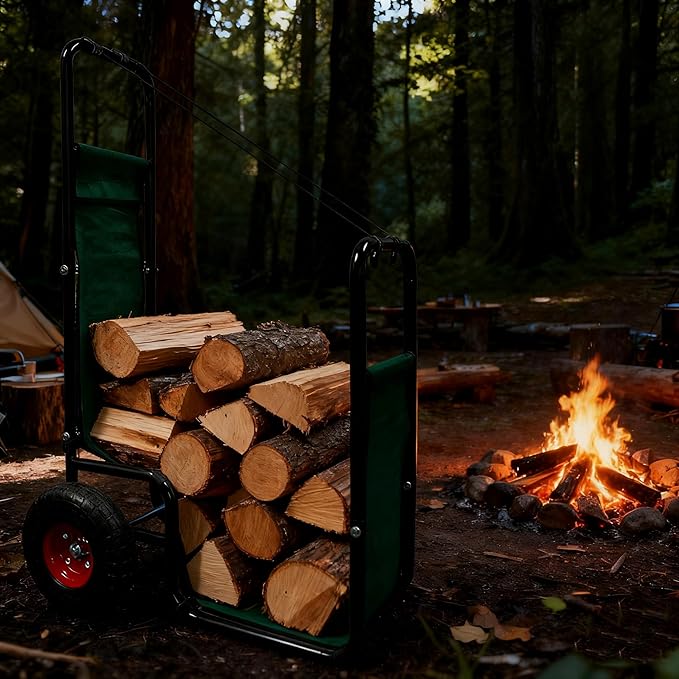 Firewood Cart: 44 X 27 X 20 in Heavy Duty 220 lbs Load Capacity Waterproof Easy Assembly Rack for Indoor Garden Backyard Fireplace Men Women Use with Pneumatic Rubber Wheels