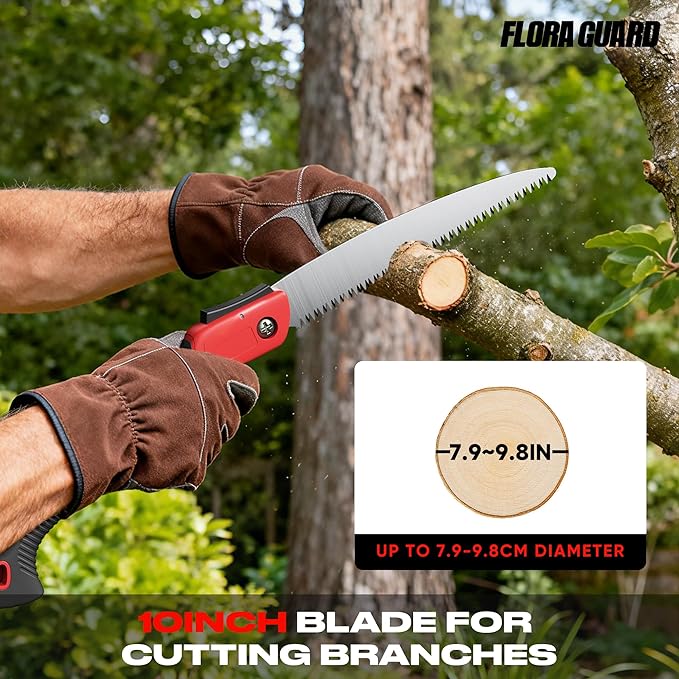 FLORA GUARD Folding Pruning Saw, 10-Inch Folding Hand Heavy Duty Saw with Multi-Level Razer Teeth for Camping, Tree Trimming, Wood Cutting, Gardening Tools (Red-10")