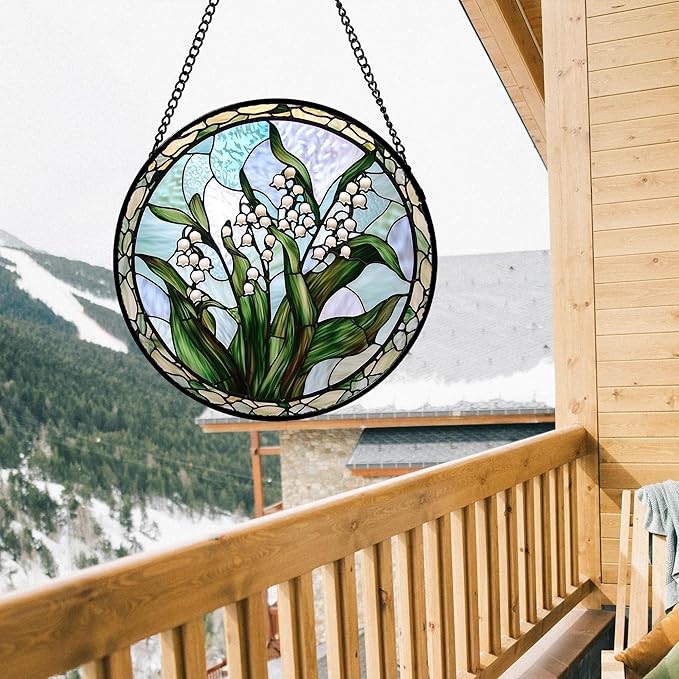 AMDERVEN Stained Glass Window Hanging, White Green Lily of The Walley Flowers Sun Catcher for Door Home Decor Plants Suncatcher Christmas Mother's Day Birthday Gifts for Women Men Mom Nana 11.8 in