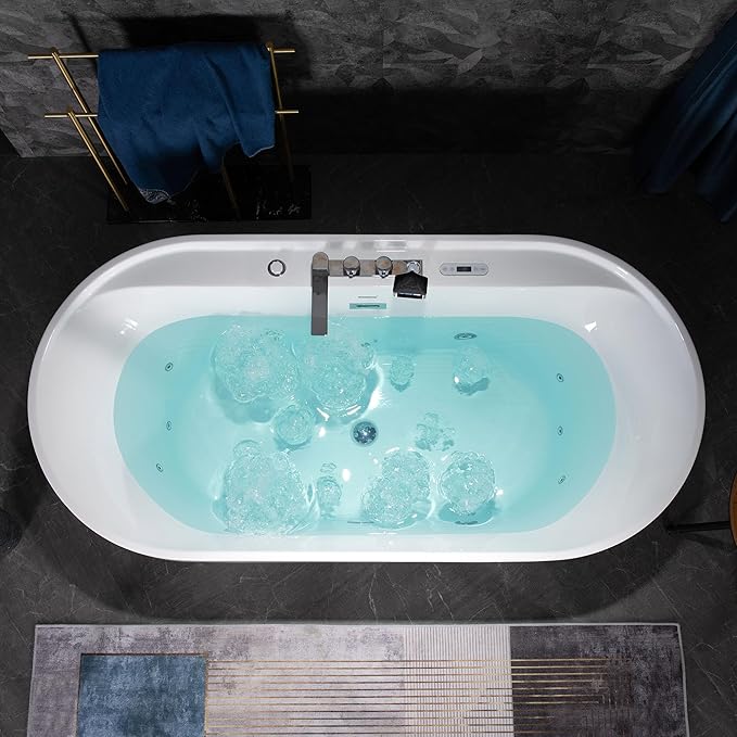 WOODBRIDGE 72" x 35-3/8" Whirlpool and Air Bath Heated Soaking Combination Tub with Adjustable Speed Air Blower, Tub Filler and Display Control Panel, White,BJ-500+F0041