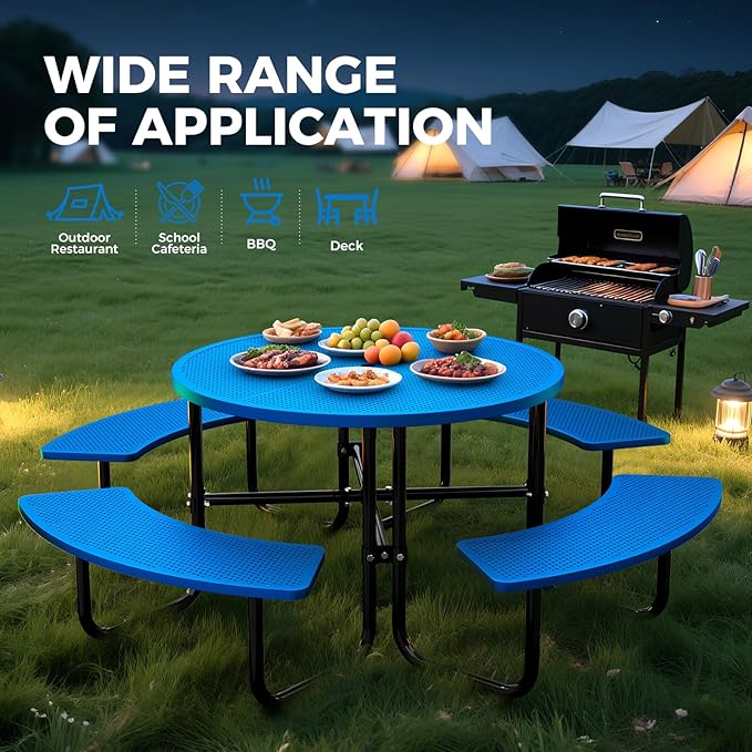 Rueekfil 46" Coated Picnic Table with Umbrella Hole, Heavy Duty Commercial Picnic Table for Outdoors, Family & Party Ready for School Camping, Round, Blue