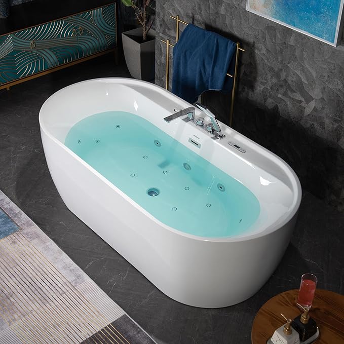 WOODBRIDGE 72" x 35-3/8" Whirlpool and Air Bath Heated Soaking Combination Tub with Adjustable Speed Air Blower, Tub Filler and Display Control Panel, White,BJ-500+F0041