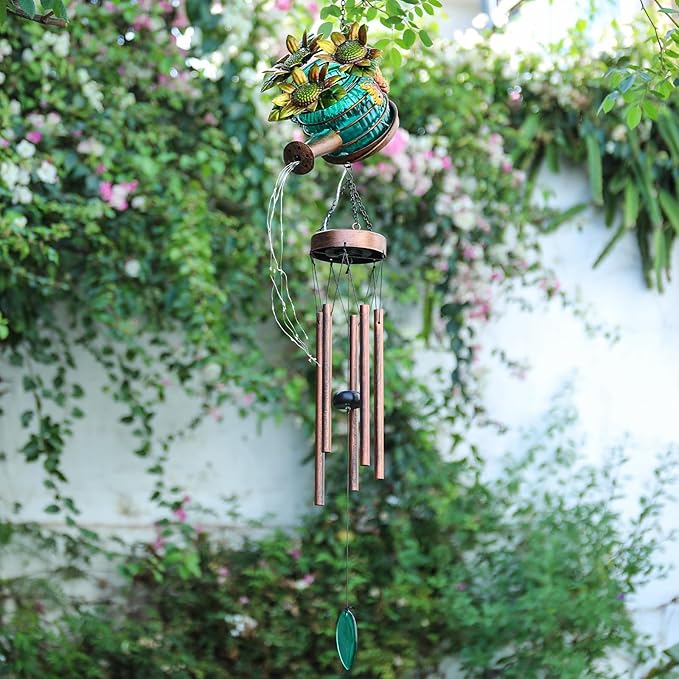 MUMTOP Solar Wind Chimes for Outside - Solar Watering Can Wind Chimes Outdoor Unique with String Warm Light, Glass Windchimes Clearance for Garden, Patio,Yard Decor Gift
