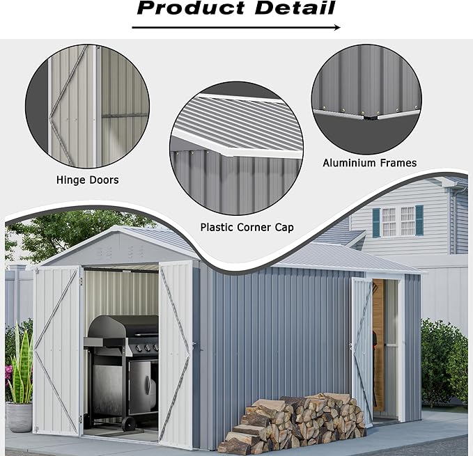 8x12 FT Sheds & Outdoor Storage with Double Doors & Floor Frame Heavy-Duty Metal Outdoor Storage Shed With Vents, Sloping Roof Waterproof Tool Sheds Perfect to Store Patio Furniture, Garden Tools Grey