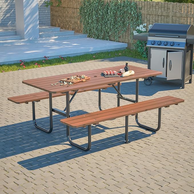 Rueekfil 72" Rectangular Commercial Picnic Table with Wooden Top, Metal Legs, Durable Outdoor Dining Table Camping Table with 1.97" Umbrella Hole for School, Warehouse, Brown