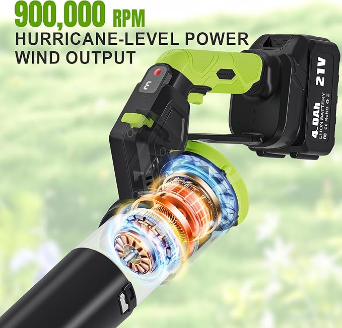 VIPDIGI Electric Leaf Blower Cordless, 180° Rotatable, 2 Batteries & Charger, Handheld Leaf Blowers for Lawn Care, 4 Speed Mode, Portable Lightweight Grass Blower for Yard (Green-Black)